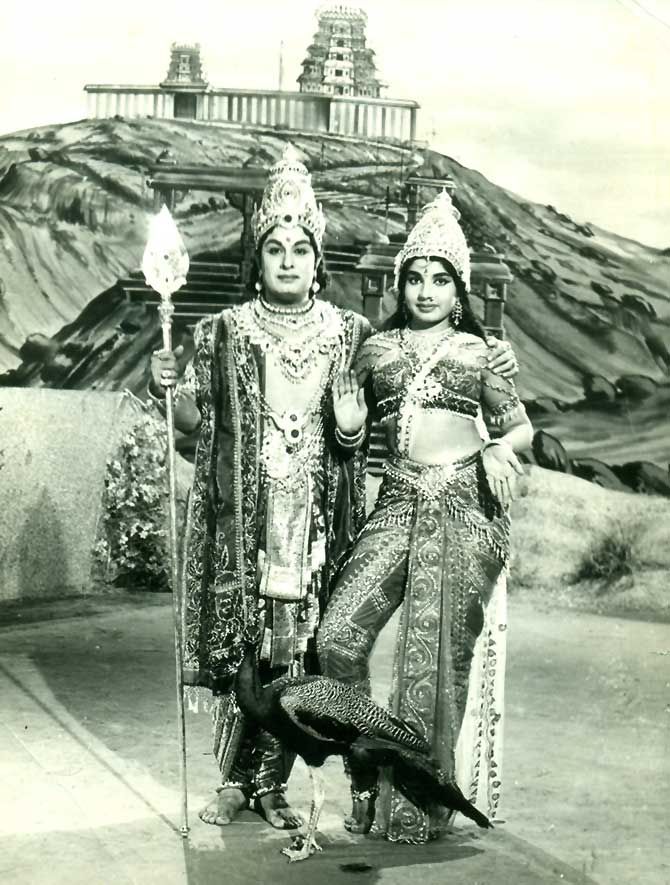 MGR as the Tamil deity Lord Murugan and Jayalalithaa as his wife, Valli, in one of their many movie roles.