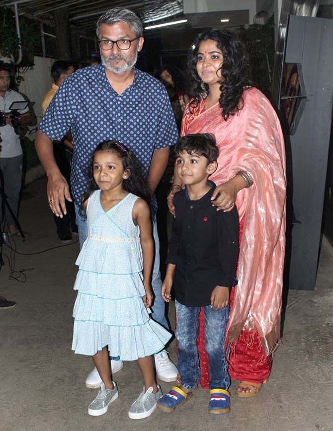Nitesh Tiwari and Ashwiny Iyer Tiwari with their seven-year-old twins, Amaarisa and Aaradhya.