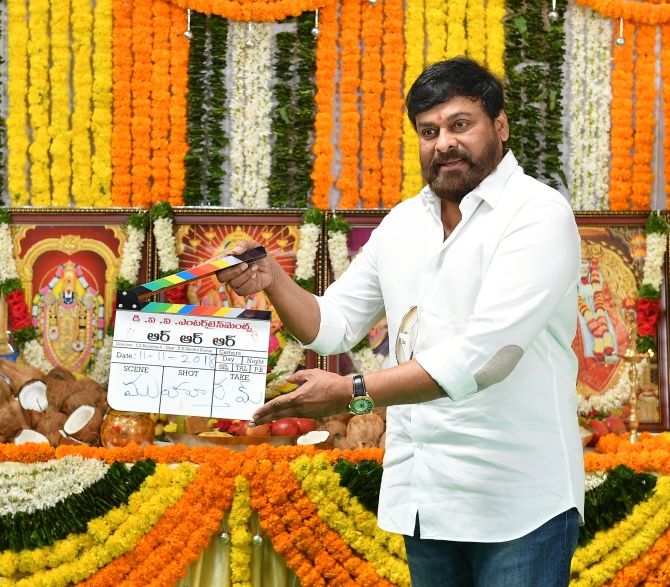 Superstar Chiranjeevi gives the mahurat clap for RRR