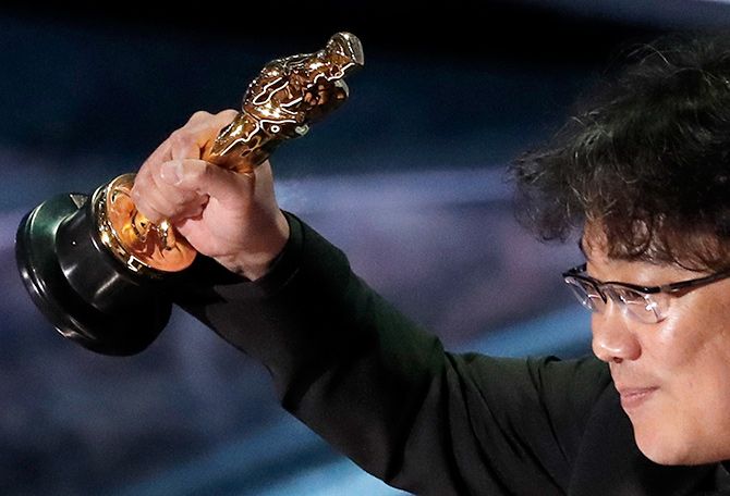 Director Bong Joon Ho with his Oscar for Best International Feature film at the 92nd Academy Awards, February 9, 2020. Photograph: Mario Anzuoni/Reuters