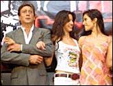 Jackie Shroff, Katrina Kaif and Padma Lakshmi on the sets of Boom