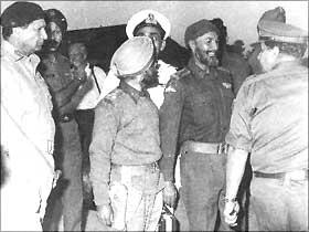 From left: Niazi, Brigadiers Sant Singh and Shubeg Singh and Jacob just before the signing of the instrument of surrender