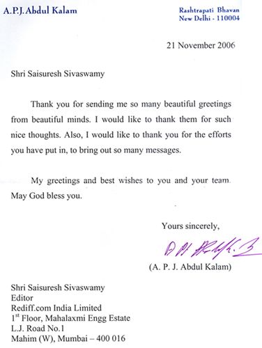 President Kalam's letter thanking rediff readers for their birthday wishes