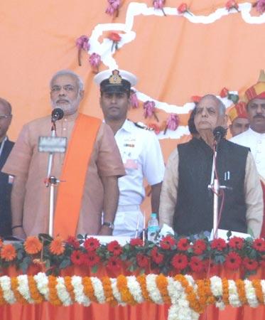 Gujarat Chief Minister Narendra Modi and Governor Nawal Kishore Sharma at the swearing in ceremony on Tuesday