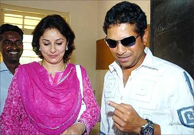 Cricketer Sachin Tendulkar with wife Anjali.