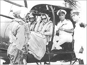 Admiral S M Nanda with then prime minister Indira Gandhi arrive on board the <EM>INS Vikrant</EM> during fleet excercises. Photograph courtesy: Admiral Nanda