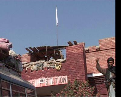 The Taliban flag on Matta police station in Swat