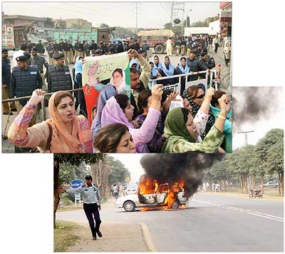 (Top) Supporters of the Pakistan Peoples Party protest outside former prime minister Benazir Bhutto's house and angry protestors torch a car in Lahore