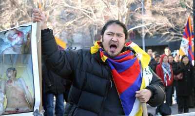 Tibetans protest against China near the United Nations headquarters in New York on Wednesday