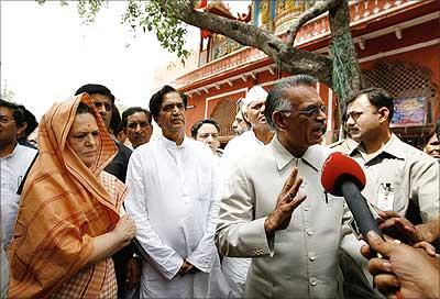 Congress president Sonia Gandhi and Home Minister Shivraj Patil visit the sites of the serial bomb blasts, which rocked Jaipur, on Thursday.