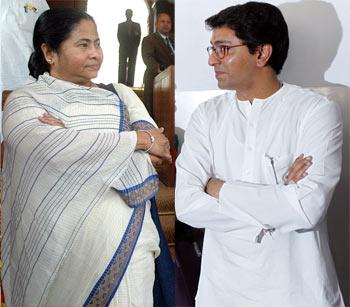 A collage of Railway Minsiter Mamata Banerjee and MNS president raj Thackeray