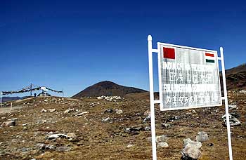 A signboard on the Indo-China border at Bumla, Arunachal Pradesh.