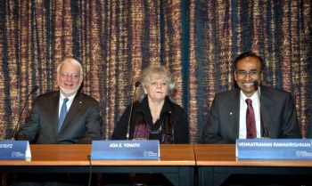 Nobel Chemistry Prize laureates attend a press conference at the Royal Academy of Sciences in Stockholm