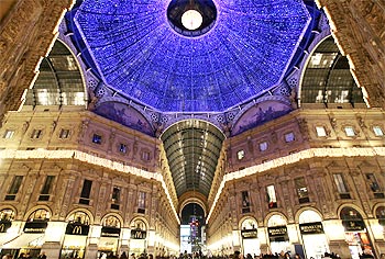 The Vittorio Emanuele II Gallery adorned with Christmas lights is pictured in downtown Milan