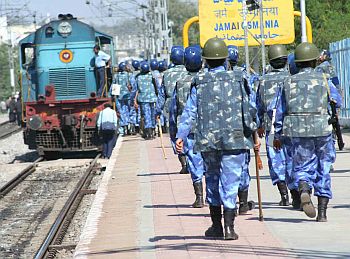 Rapid Action Force personnel flag march at Osmania railway station