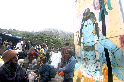 People waiting at the base camp for to embark on the pilgrimage
