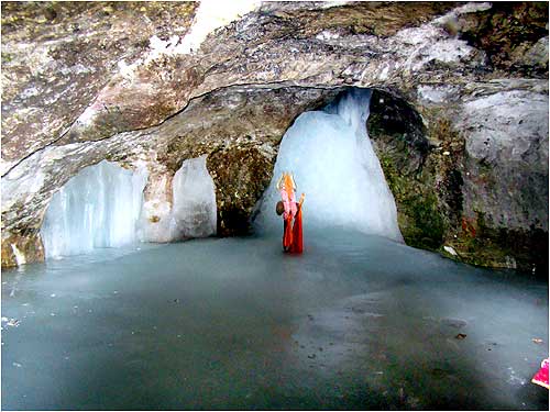 The ice lingam inside the cave shrine