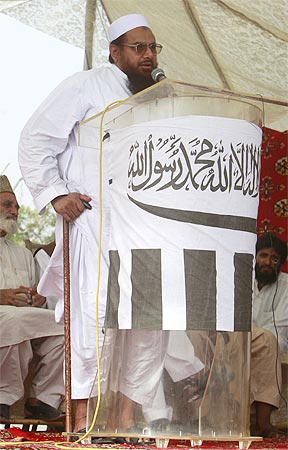 A file photograph of Hafiz Saeed at a protest rally in Karachi on September 7, 2008, 'to condemn atrocities in India-controlled Kashmir'