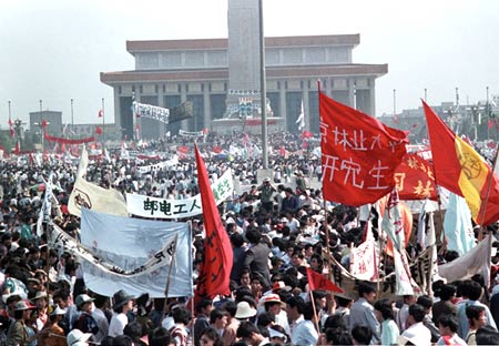 Thousands at Tiananmen Square on May 17,1989 in the biggest popular upheaval since the Cultural Revolution.