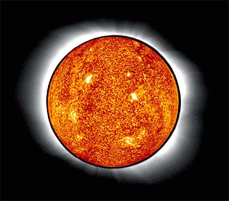 A composite view of a total solar eclipse made using the Extreme Ultraviolet Imaging Telescope instrument on board the Solar and Heliospheric Observatory (SOHO) spacecraft.