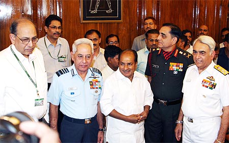 Defence Minister AK Antony along with the three service Chiefs at South Block