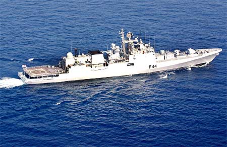 INS Talwar, the Navy ship  which thwarted the pirate attack on M V Maud, a Norwegian merchant vessel
