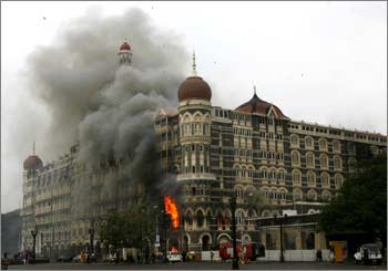The Taj Mahal hotel engulfed in smoke during the Mumbai terror attacks