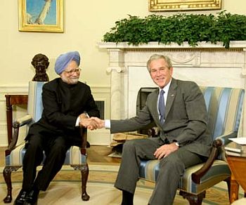 Then US President George W Bush with Prime Minister Manmohan Singh at the White House.