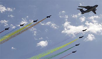 Planes from the Chinese People's Liberation Army air force fly in formation during the parade