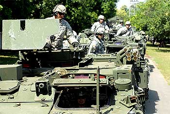 The Stryker regiment drives through the Babina camp