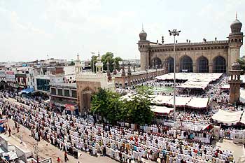 Muslims offer Last Friday of Holy month Ramzan Namaz  at Mecca Masjid in Hyderabad