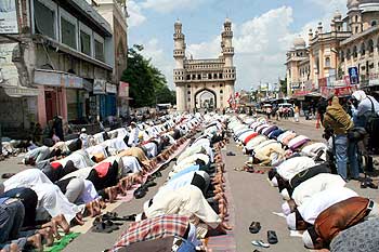 Muslims offer namaaz at Mecca Masjid in Hyderabad
