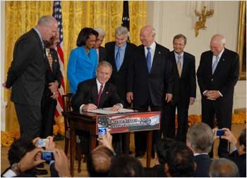 Then president George W Bush signs the historic India-US nuclear cooperation bill