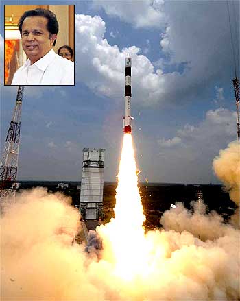 An ISRO mission takes off; inset Chairman G Madhavan Nair