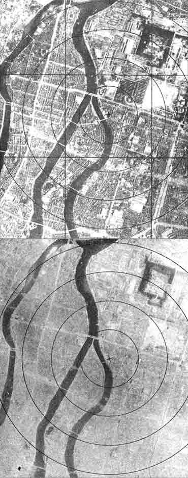 Photos taken before (above) and after the Hiroshima bombing.