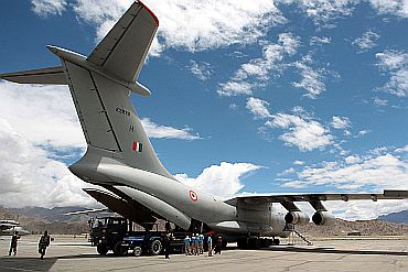 An IAF rescue plane lands in Leh