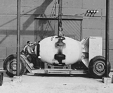 File photo shows the 'Fat Man' prior to being loaded onto the bomber
