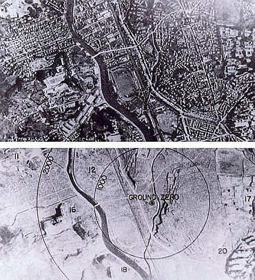 Nagasaki before and after (Below) the bombing