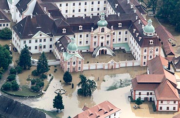 An aerial view of the flooded area at Saint Marienthal near the town of Ostritz at the Polish border