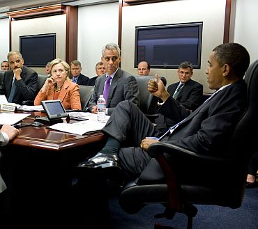 President Obama meets with administration officials during a terrorism threat briefing in the Situation Room of the White House
