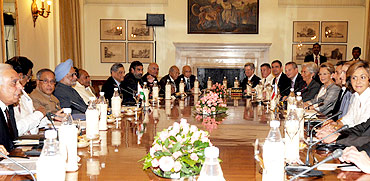 Dr Singh and Pranab Mukherjee at the delegation-level talks in New Delhi