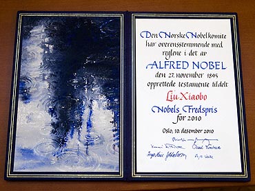 The certificate awarded to this year's Nobel Peace Prize Laureate Chinese dissident Liu Xiaobo