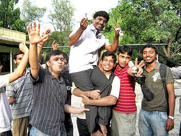 D Udaya Kumar with friends from IIT-Bombay soon after news came in of his design being selected as the Rupee symbol.