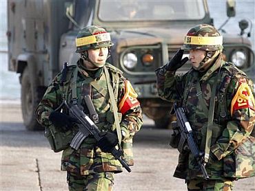 South Korean marines patrol on Yeonpyeong Island