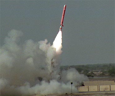 The Hatf VII Babur missile takes off during a test flight by Pakistan
