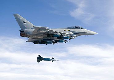 Royal Air Force No X1 Squadron Typhoon dropping Paveway 2 Bomb at Green flag