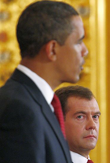 Obama with Russian President Dmitry Medvedev in Moscow