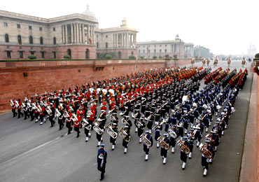 Military bands sound the retreat during the 'Beating the Retreat' ceremony