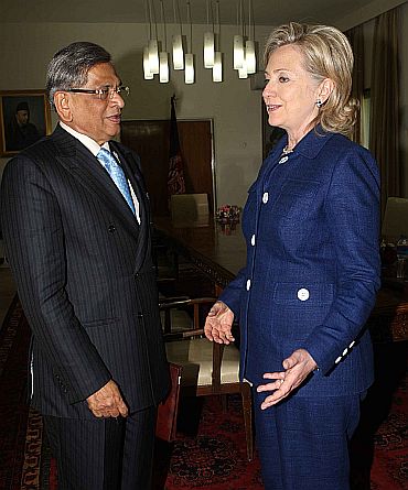 Krishna with US Secretary of State Hillary Clinton during the Kabul conference on Tuesday