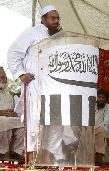 Lashkar-e-Tayiba founder and alleged 26/11 attacks mastermind Hafiz Saeed ar a protest rally in Karachi
